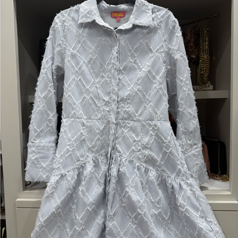 THML Navy Striped Frayed Edge Blouse